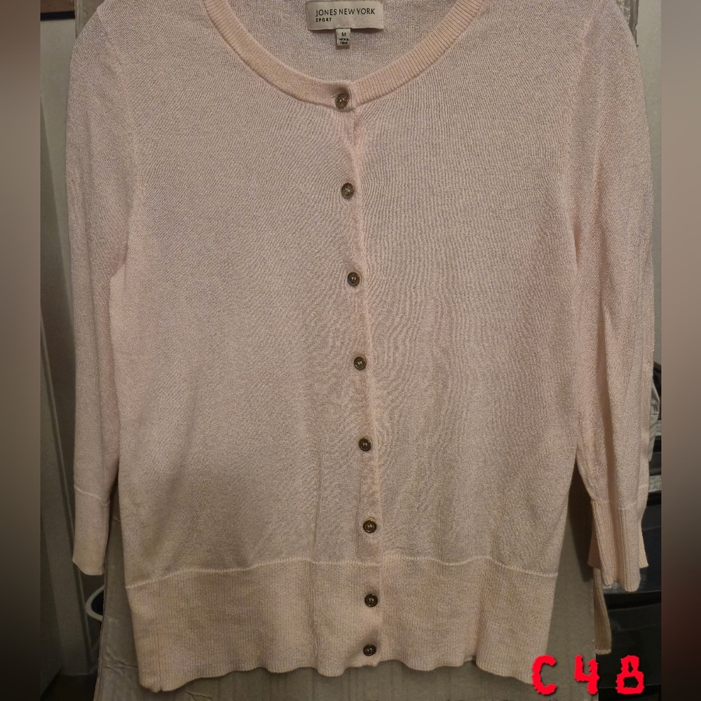 Jones New York Womams Soft Pink Crewneck Cardigan 3/4 Sleeves Sheer Medium